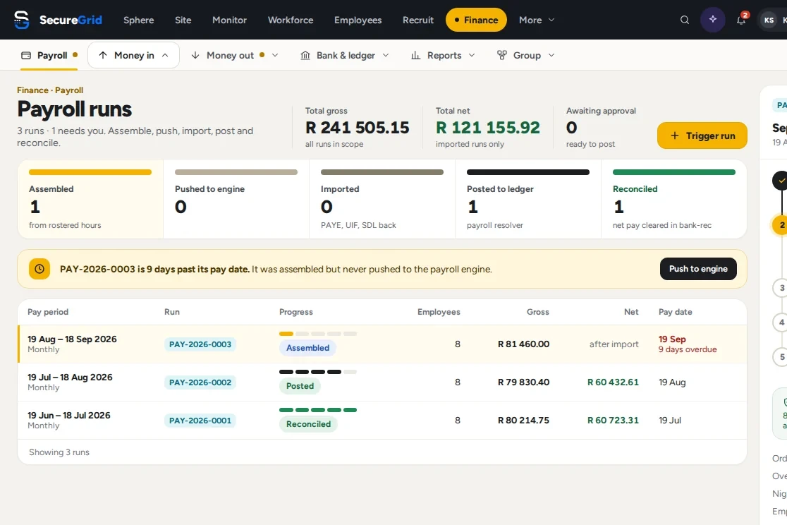 SecureGrid payroll runs, each with its progress through the run steps